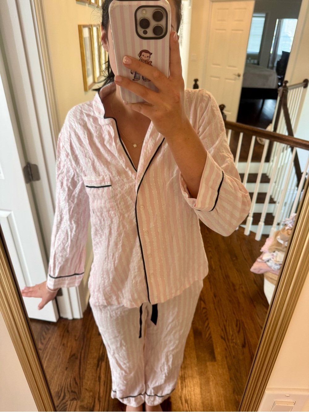 Victoria's Secret Pink Striped Pajama Set with Black Trim
